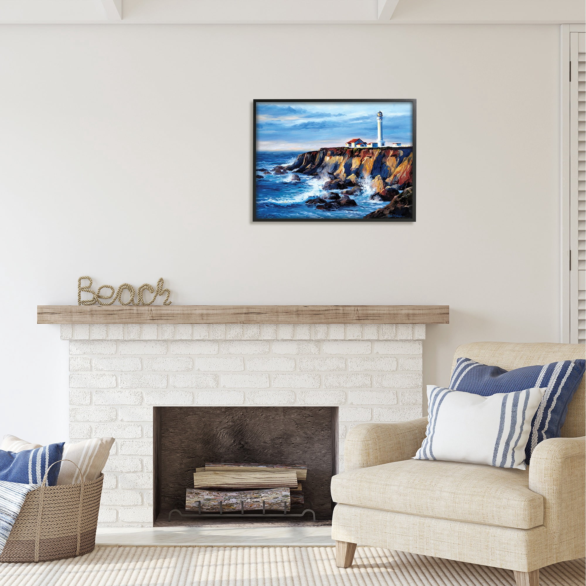 Stupell Industries Lighthouse on Sea Cliff Nature Painting Black Framed Art Print Wall Art, 30 x 24