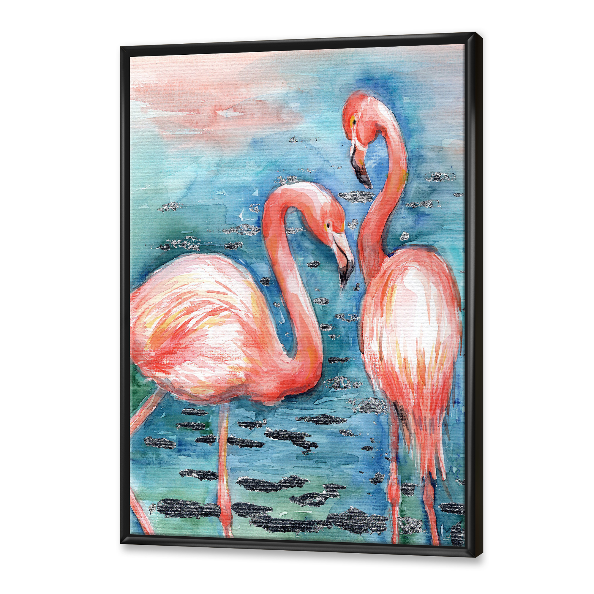 Designart 'Pink Flamingos Love Birds In Blue Water I' Farmhouse Framed Canvas Wall Art Print