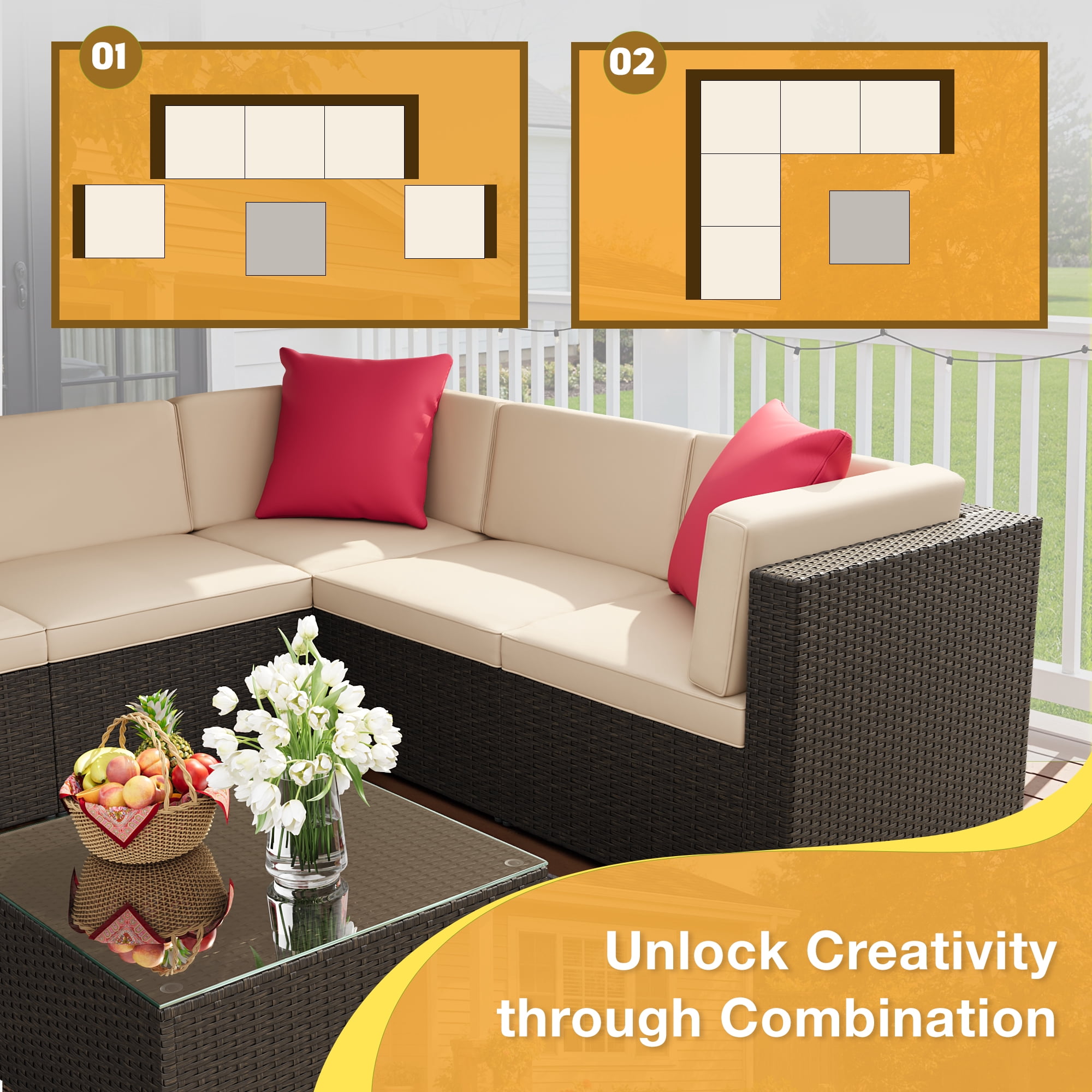 Lacoo 6 PCS Patio Outdoor Furniture Wicker Sectional Sofa with Cushion, Beige
