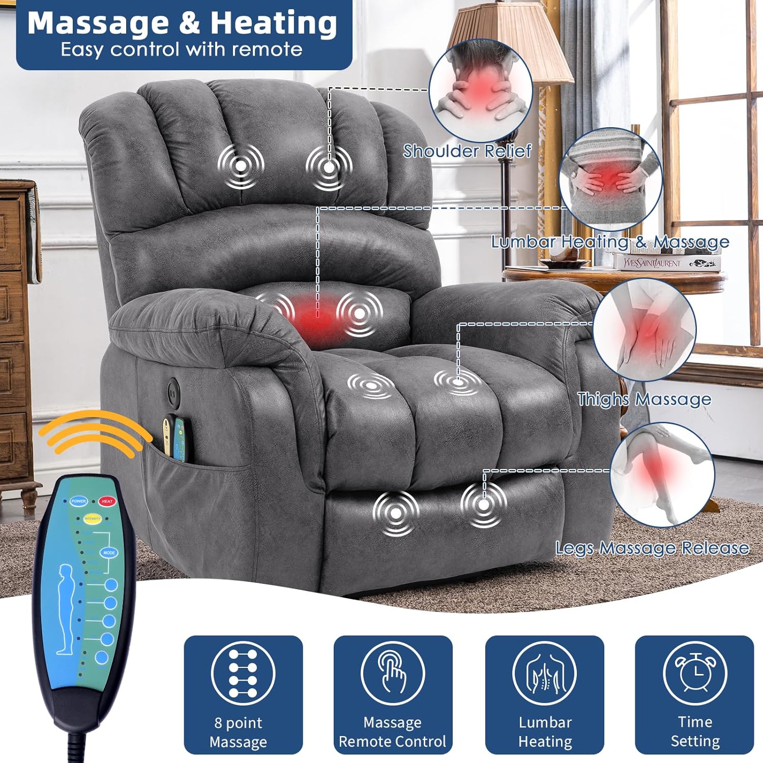 Large Electric Power Lift Recliner Chair with Extended Footrest for Elderly Tall Man, Overstuffed Heated Massage Wide Reclining Sofa with 2 Remote Controls, Side Pockets & USB Ports, Gray