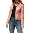 thumbnail image 2 of Dwaogom Casual Women's Collar Neck Summer Outwear Pocket Regular Women's Hooded Faux Leather Long Sleeve Spring Jacket Button Down Shirts Light Jacket, 2 of 9
