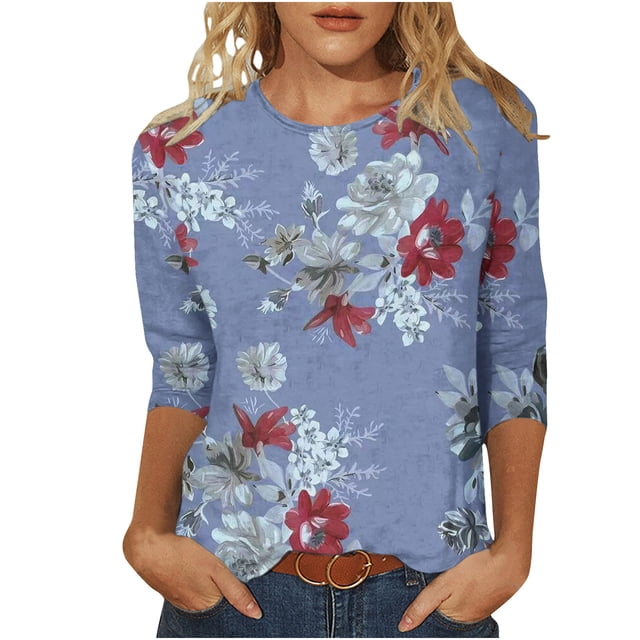 Dvkptbk Tops T-shirt Ample Imprimé Mode pour Femmes Summer Manches 3/4 Blouse Col Rond Casual Tops