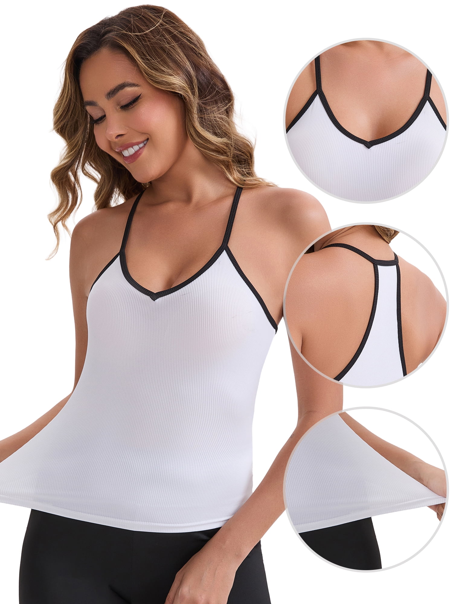 DARING DIVA Women's Colorblock Ice Silk Spaghetti Straps V Neck Tank Top M White