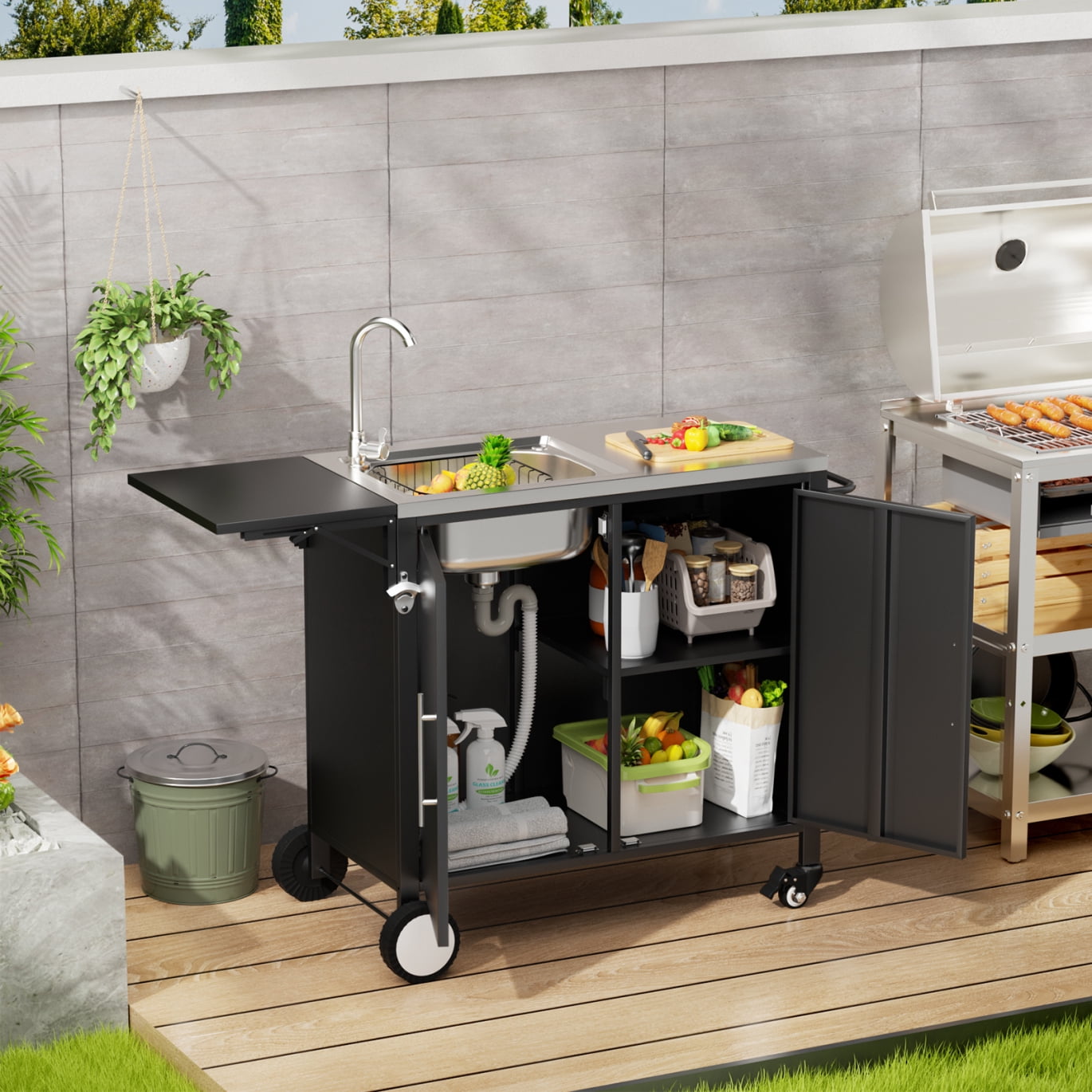 Outdoor Grill Cart with Sink, Rolling Kitchen Island Cabinet with Wheels, Metal Grill Table Kitchen Sink Station with Foldable Top and Storage Cabinet, Black