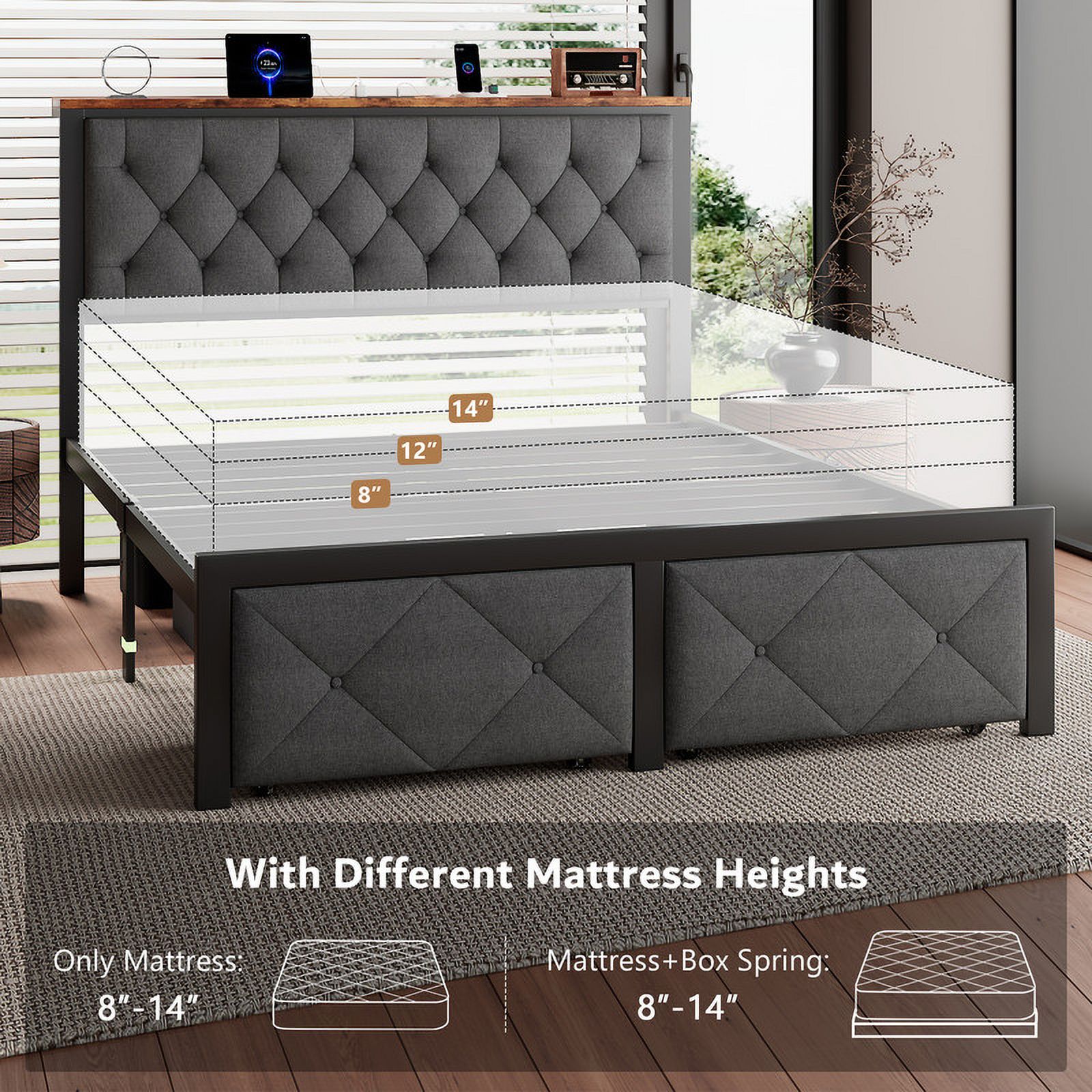iPormis Full Platform Bed with Storage Drawers and Charging photo 7