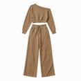 thumbnail image 4 of Xinoom Women 2 Piece Off Shoulder Tracksuit, Long Sleeve Slanted Shoulder Sweatshirt & Drawstring Wide Leg Pants with Pockets, Casual Matching Outfit Gift for Women Evening Party Khaki,XXL, 4 of 6