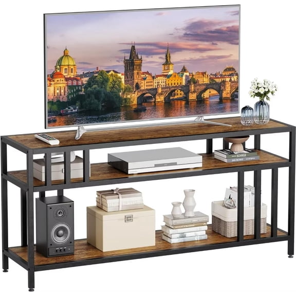 58" Farmhouse TV Stand | Rustic Elegance | Asymmetrical Design | 3 Open Shelves | Fits TVs Up to 65"