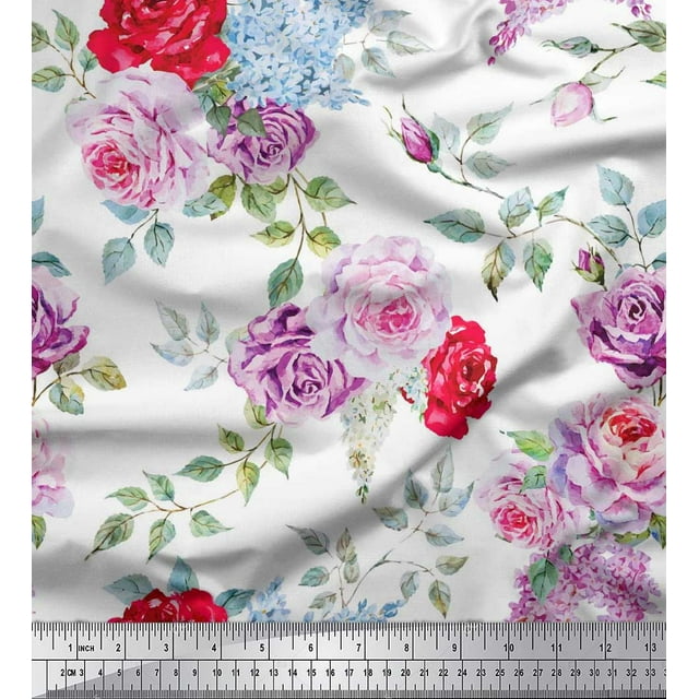 Soimoi Pink Poly Georgette Fabric Leaves & Rose Flower Decor Fabric Printed BTY 52 Inch Wide