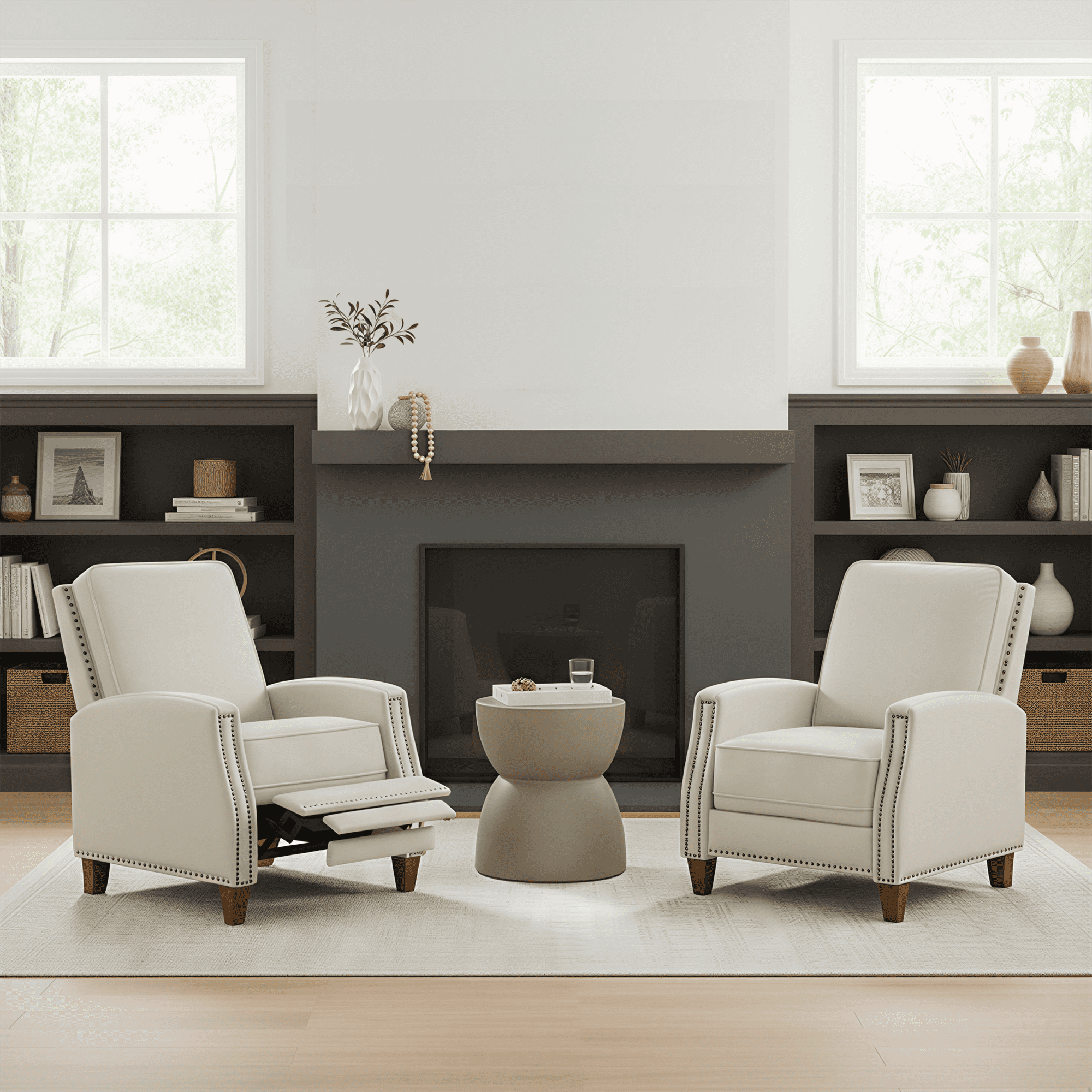 Spruce & Spring Classic Push-Back Recliner with Nailhead Trim for Living Room, Beige