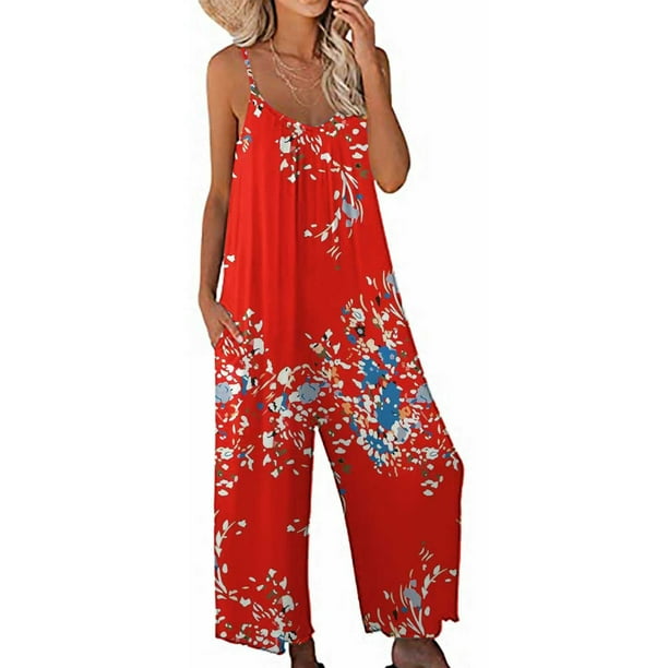 ICHUANYI Clearance Women Print Jumpsuit Pajamas Casual Sling Wide Leg Long Pants(Red, M) ICHUANYI WER2023081008443