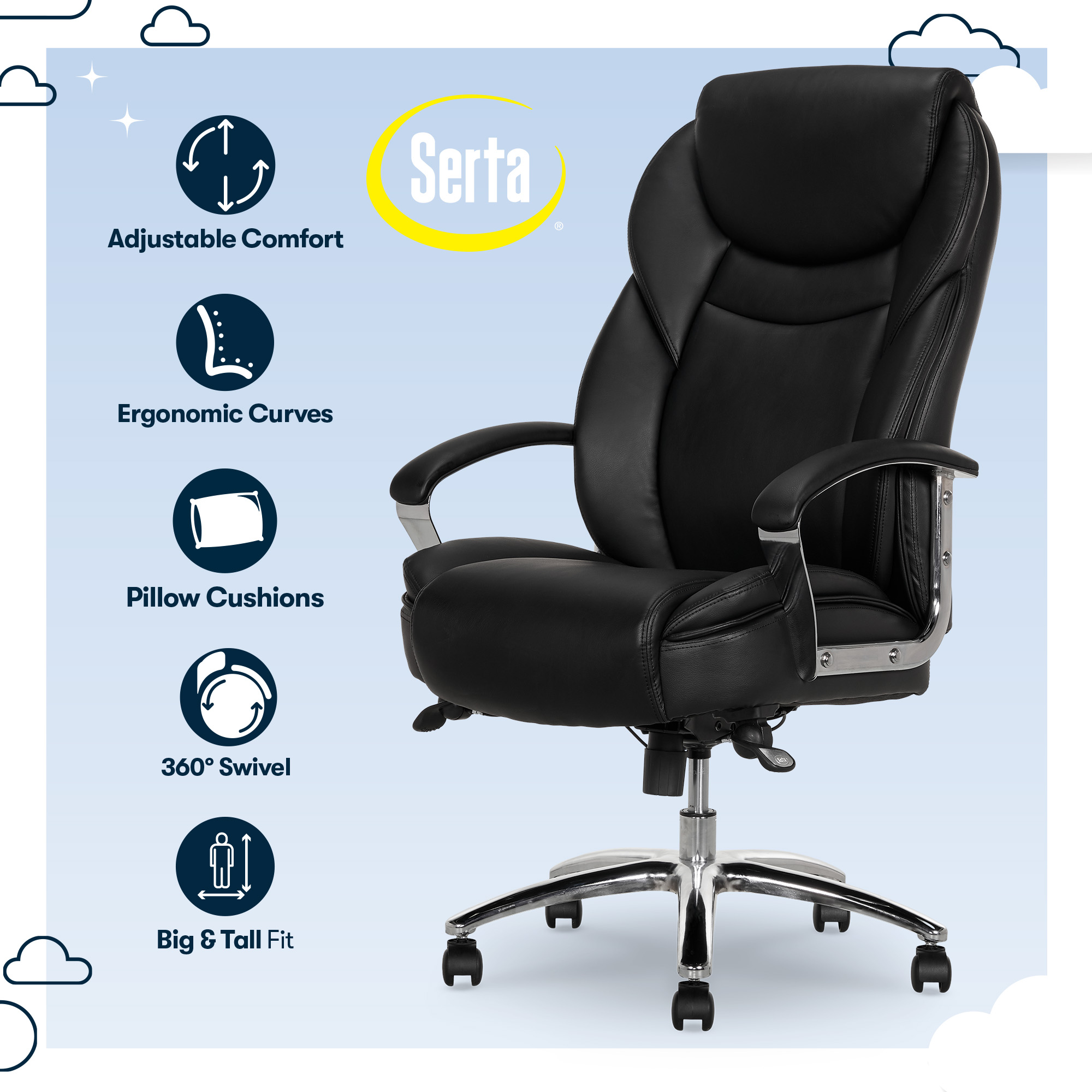 Serta Big & Tall High Back Office Chair, Heavy Duty Weight Rating, Black Bonded Leather Upholstery - image 2 of 12