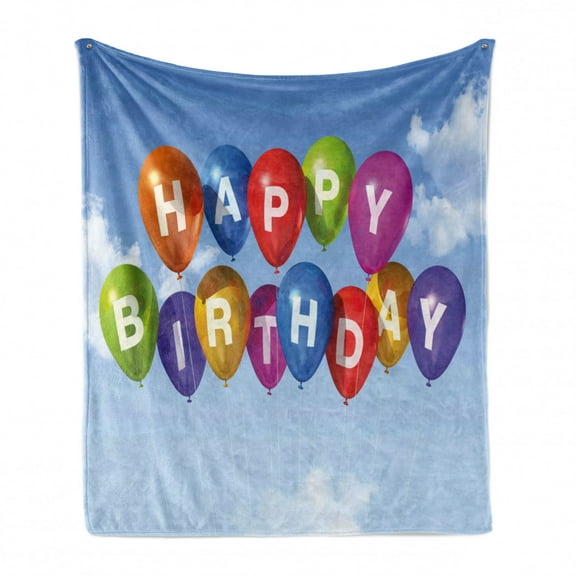 Birthday Soft Flannel Fleece Blanket, Colored Celebration Balloons with Letters in the Clear Sky White Clouds Happiness, Cozy Plush for Indoor and Outdoor Use, 60" x 80", Multicolor, by Ambesonne