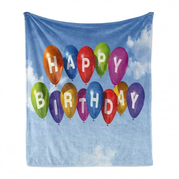 Birthday Soft Flannel Fleece Blanket, Colored Celebration Balloons with Letters in the Clear Sky White Clouds Happiness, Cozy Plush for Indoor and Outdoor Use, 50" x 70", Multicolor, by Ambesonne