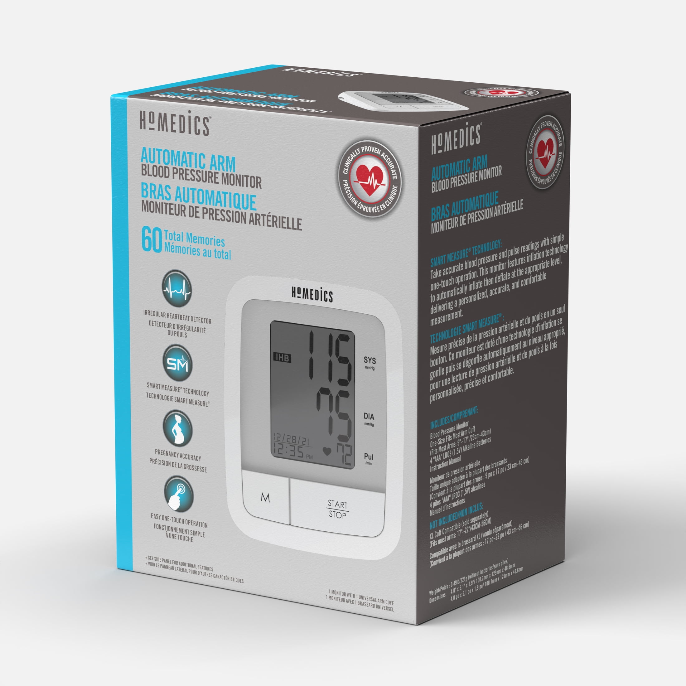 Homedics Automatic Arm Blood Pressure Monitor, Clinically Proven Accurate, Quick and Comfortable Readings, 60 Memories, One-Size Arm Cuff Fits Most, Excessive Body Motion Detector