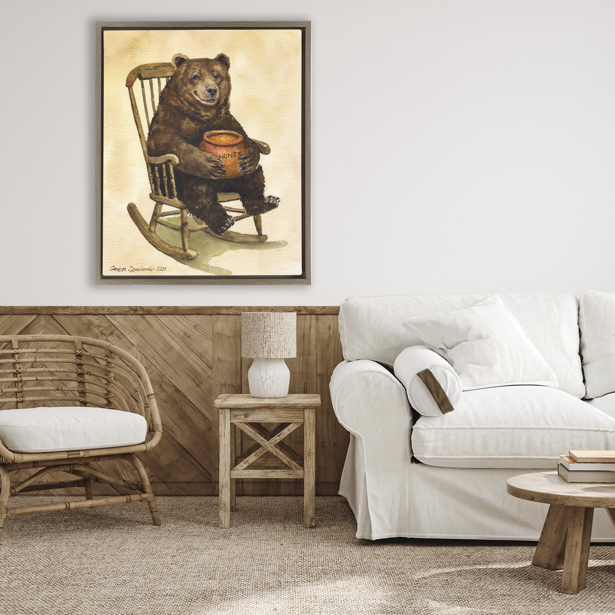Stupell Industries Happy Bear & Pot of Honey Brown Framed Floater Canvas Wall Art, design by George Dyachenko