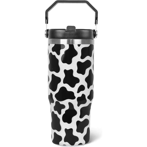 Cow Print Tumbler 30oz Insulated Cup with Handle & Flip Straw, Leakproof Coffee Mug, Water Bottle Gift for Women, Perfect for Cow Lovers
