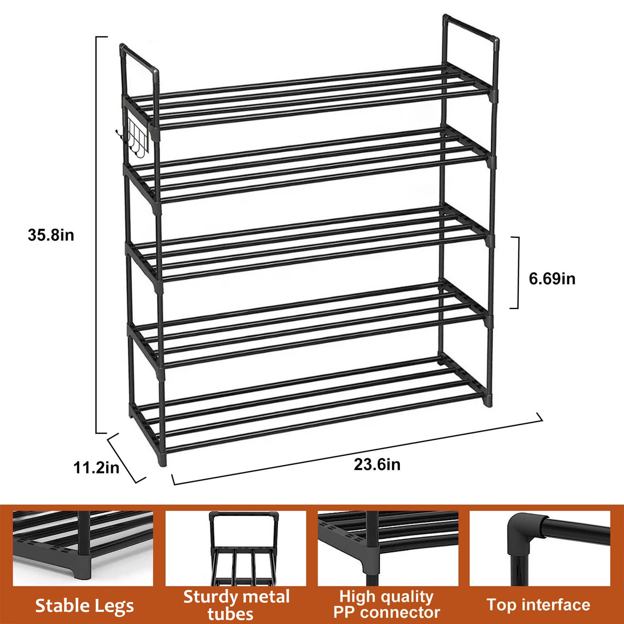 HadinEEon 5-Tier Shoe Rack with Hook, Black Metal photo 6