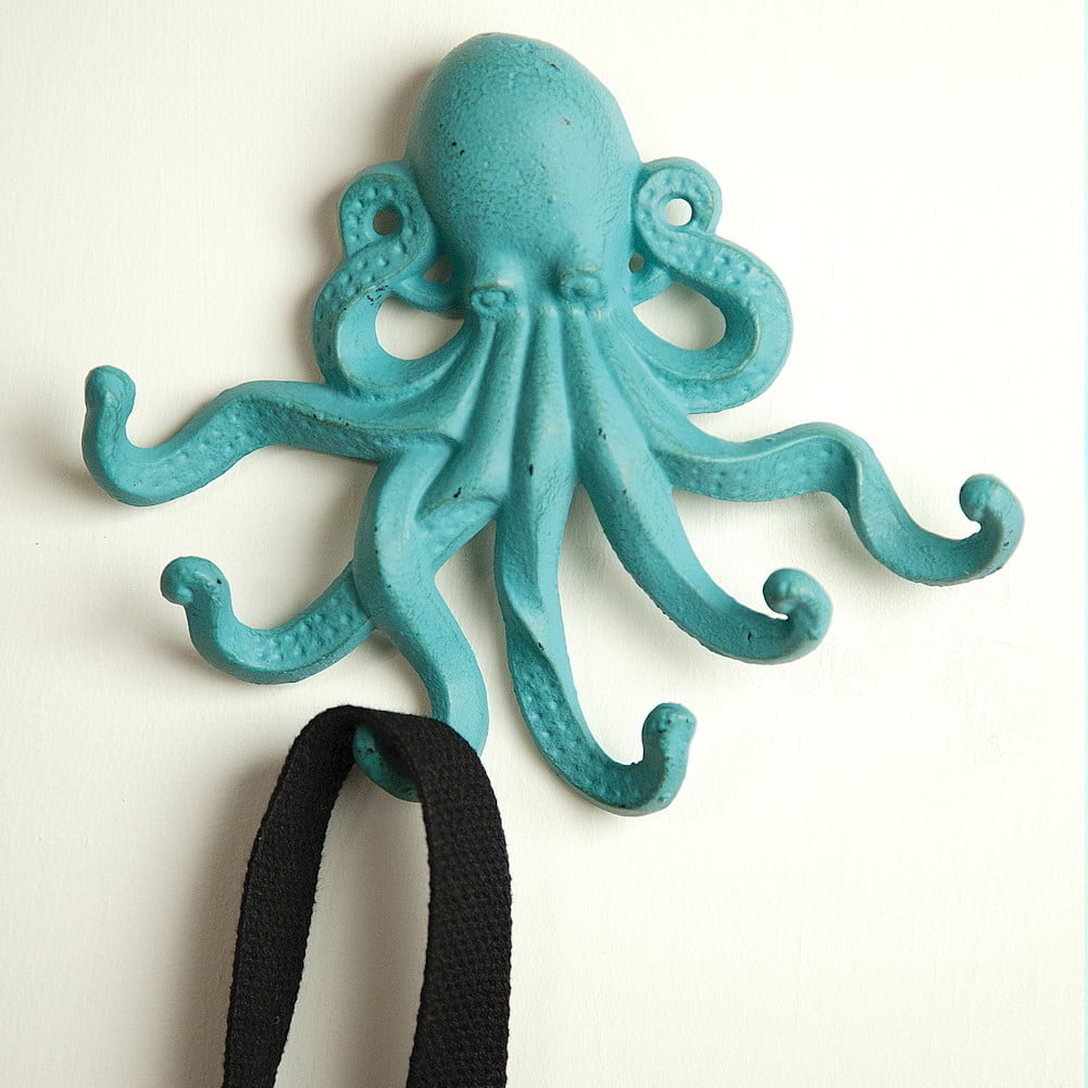 Cast Iron Octopus Hooks Verdigris Green Metal Wall Coat Hanger 6" x