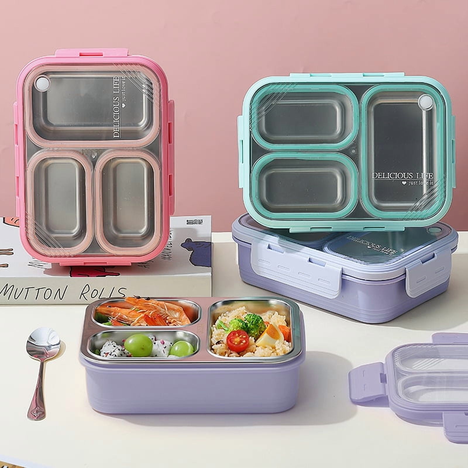 Stainless Steel Adults Bento Box Leak-resistant Lunch Box Containers Snack Containers 3-Compartment Snack Tray Soup Bowl with Lid Spoon Chopsticks Dishwasher Safe Purple