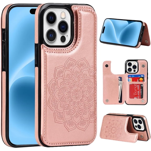 Phone Case Design for iPhone 16 Pro Flip Folio Wallet Case with Credit Card Holder Slot PU Leather Cases Durable Kickstand Protective Cover for Women Men Girls 6.3 inch Rose Gold
