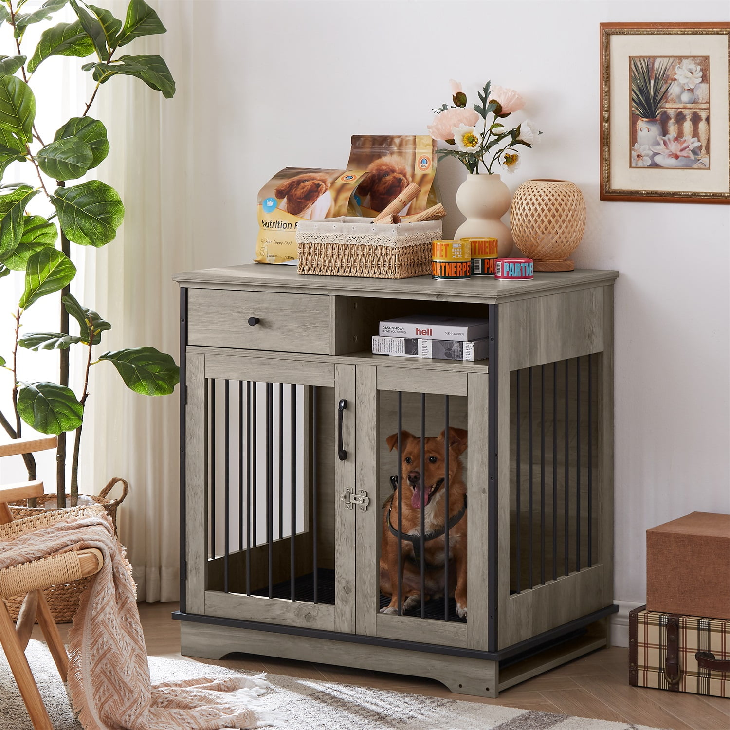 Pefilos 37.8" Furniture Style Dog Crates for Indoor, Pet Kennels with Removable Trays and 3 Adjustable Height Feeding Bowls, Heavy-Duty Dog Cage, Gray Pefilos 37.8" Furniture Style Dog Crates for Indoor, Pet Kennels with Removable Trays and 3 Adjustable Height Feeding Bowls, Heavy-Duty Dog Cage, Gray