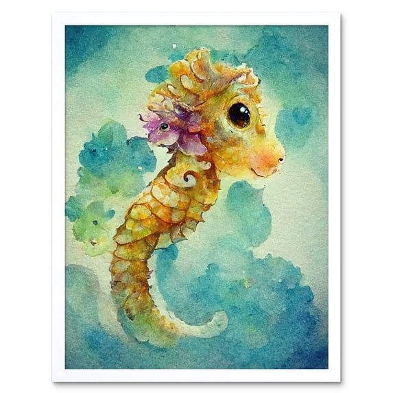 Cute Baby Seahorse Kids Bedroom Watercolour Illustration Art Print Framed Poster Wall Decor 12x16 inch