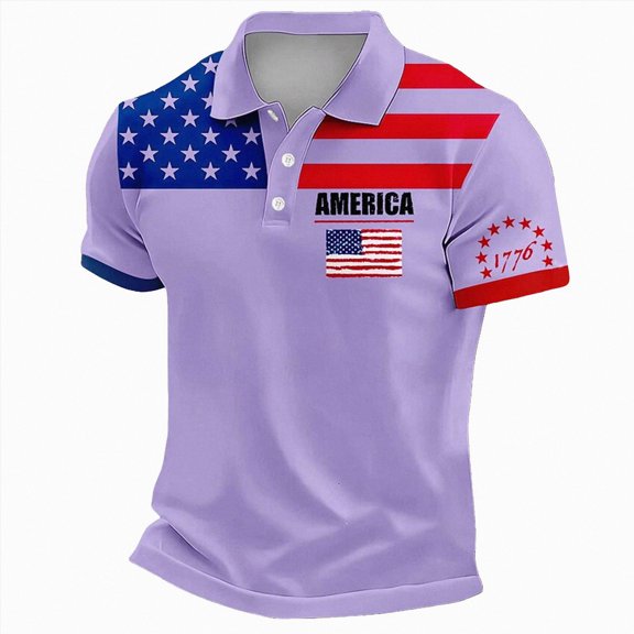mgoYE 250 Anniversary USA Tshirt American Flag Polo 4th of July Patriotic Graphic Short Sleeve Shirt for Men Mens Shirts(Light Purple,2XL)