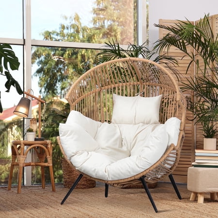 Condition photo showing Good Condition for walsunny egg chairs outdoor patio wicker oversized egg shell lounger lawn chair with cushion for indoor outside porch balcony backyard original wood color rattan beige cushion