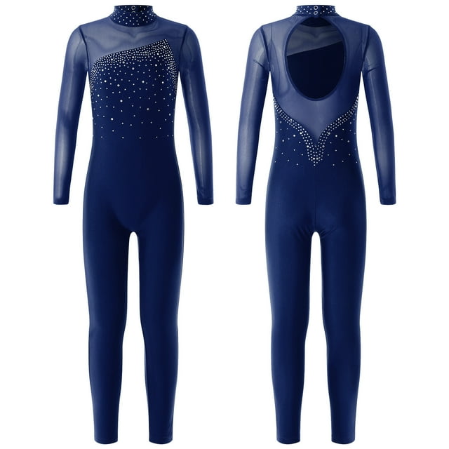 TiaoBug Girls Ice Skating Jumpsuit Rhinestone Mock Neck Competition Figure Skating Dancewear Navy Blue 8