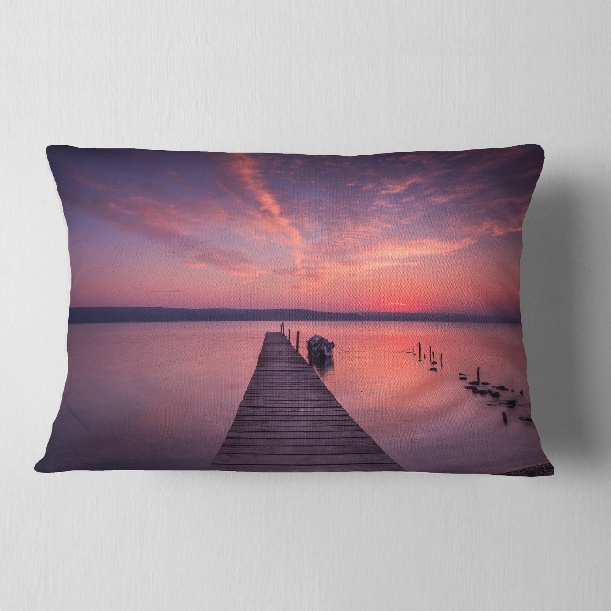 Designart Wooden Pier Under Red Sky - Seascape Throw Pillow - 12x20