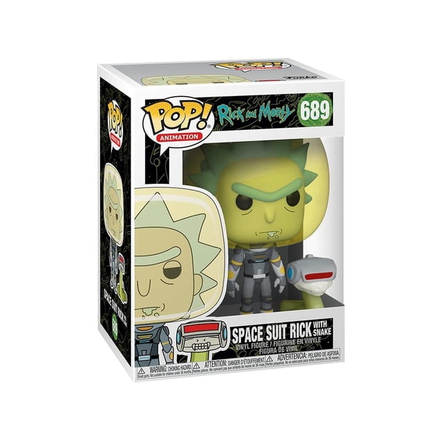 Figura Funko Pop Space Suit Rick With Snake 4 Pulgadas, figura coleccionable de vinilo multicolor que muestra a Rick de Rick and Morty con traje espacial gris con detalles en azul y amarillo, acompañado de una serpiente blanca con ojos rojos, ideal para exhibir en colecciones de juguetes y figuras de acción.
