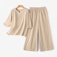 thumbnail image 4 of GILIGEGE Two Piece Sets for Women Summer Cotton Linen Set for Women 2 Piece Casual Outfits Short Sleeve Notched Neck Tops and Wide Leg Pants Sets Khaki M, 4 of 5