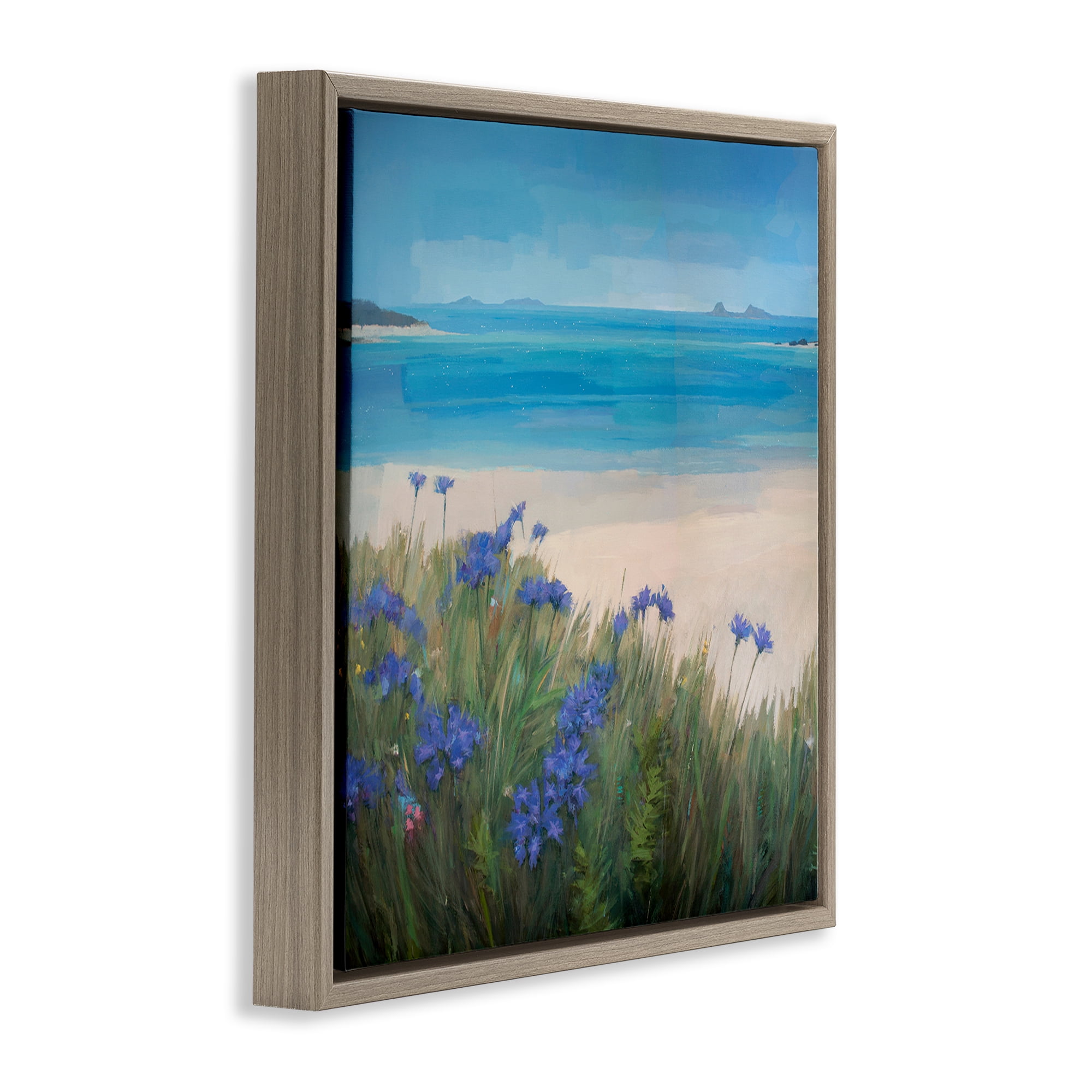 Stupell Industries Seaside Bluebell Flowers Landscape & Nature Painting Brown Floater Framed Canvas Art Print Wall Art, 18 x 18