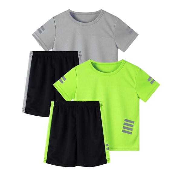 CYRBOKO 2PC Boys Athletic Outfit Sets, Summer Quick-Dry Short Sleeve Reflective-Striped Activewear Clothing Sets Dark Gray Size 8 T