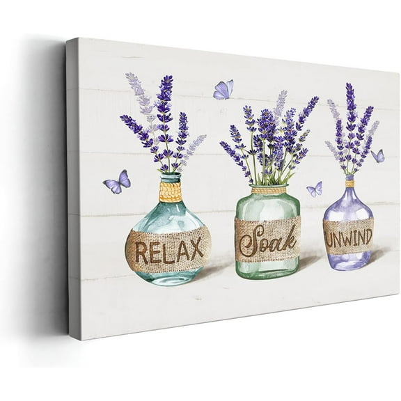 Bathroom Decor Wall Art Rustic Purple Lavender Bathroom Poster Farmhouse Relax Soak Unwind Pictures Print Painting Wall Décor for Bathroom Bedroom Framed Artwork 12x16 inch