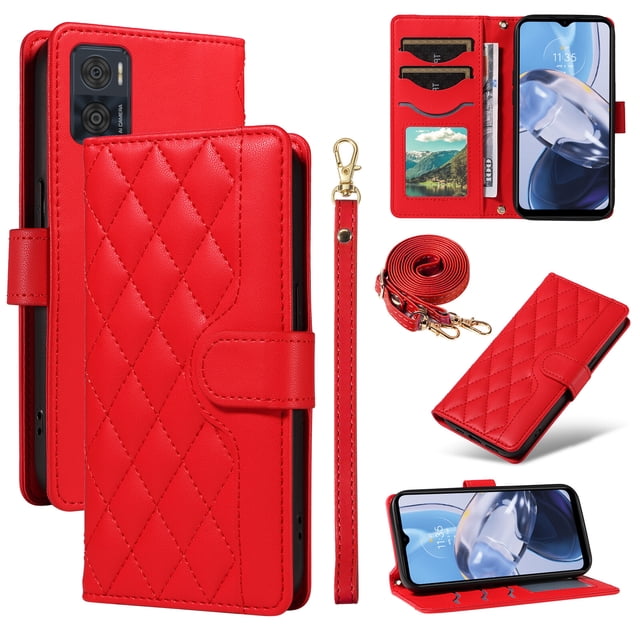 Motorola MOTO E22/E22i Phone Case , Wallet Flip Cover Adjustable Crossbody Lanyard Magnetic Card Slots