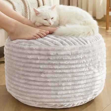 Round Ottoman,Corduroy s with Memory Foam Filling for Foot Rest,Soft Footstool Living Room,Office,20"x 15",Beige
