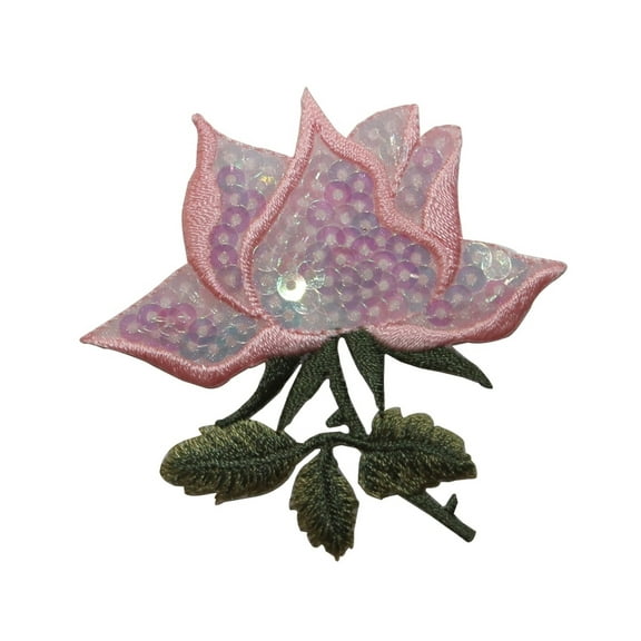 ID 6169 Sequin Pink Rose Patch Stem Flower Garden Embroidered Iron On Applique
