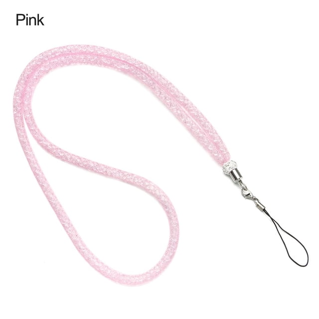 Rhinestone Bling Crystal Retractable Card Holder Lanyard Key Necklace Mobile Phone Hanging Rope Neck Strap Pink
