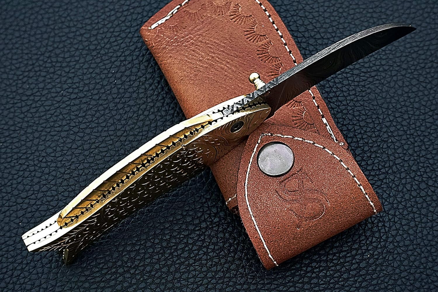 Smart & Sharp Custom Handmade Damascus Steel Fish Knife/Folding Knife/Pocket Knife SS-17370(Brass Engraved Handle)