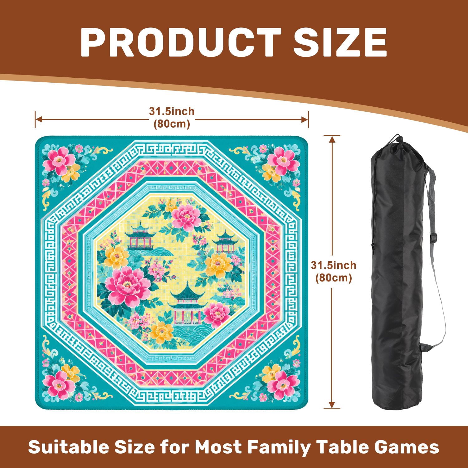 Mahjong Mat 31.5" x 31.5" Geometric Floral Mandala Lotus Flowers Pavilion Motifs Pink Turquoise Non-Slip Noise Reduction Chic Portable Gaming Table Cover for Family Game Night & Gift