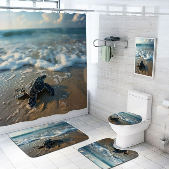 4 Pcs Sea Turtle Shower Curtain Set with Rugs,Toilet Lid Cover, Bath Mat Animal Cute Blue Watercolor Art Funny Bathroom Shower Curtain with 12 Hooks Accessories Decorative