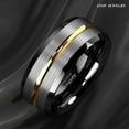 thumbnail image 2 of Tungsten Rings for Men Wedding Bands for Him Womens Wedding Bands for Her 8mm Silver Brushed Black Edge Gold Stripe, 2 of 7