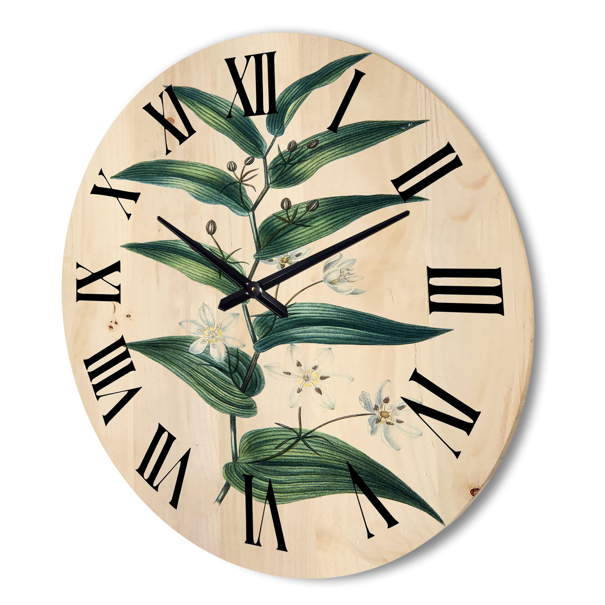 Designart 'Little White Flowers With Ancient Plant' Farmhouse Wood Wall Clock