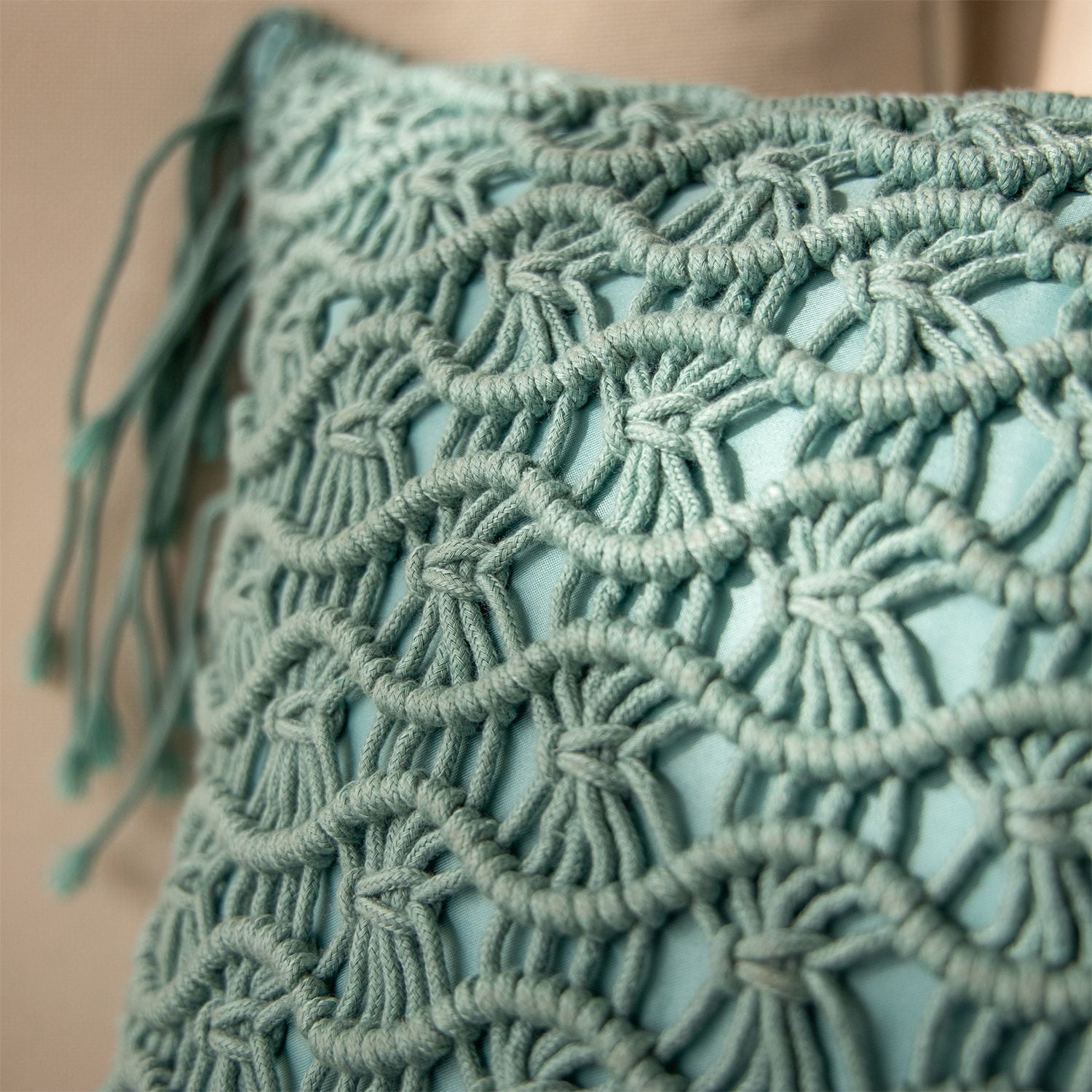 Phantoscope 100% Cotton Handmade Crochet Woven Decorative Throw Pillow, 18 x 18 in Square Cushion with Tassels, Boho Style, Turquoise, 1 Pack