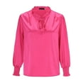 thumbnail image 3 of Women Blouses Long Sleeve Solid Front Bow Tie Ruffle Elegant Straight Satin Pullover Top Hot Pink Summer Cute Blouse L, 3 of 9