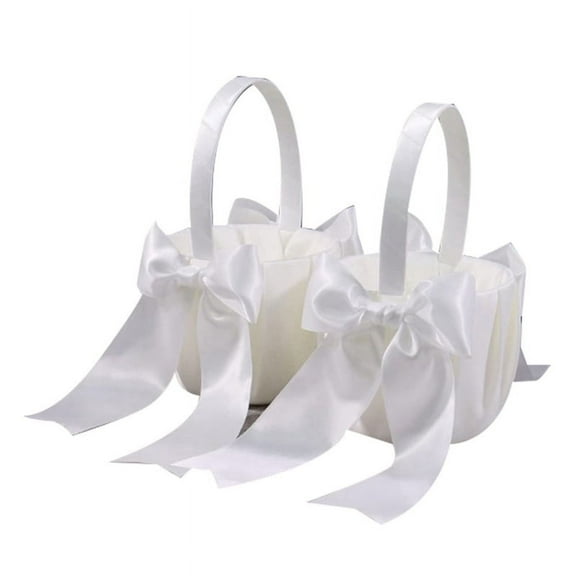 2Pack White Flower Girl Basket Wedding Basket for Flower Girls Cute Satin Flower Girl Basket