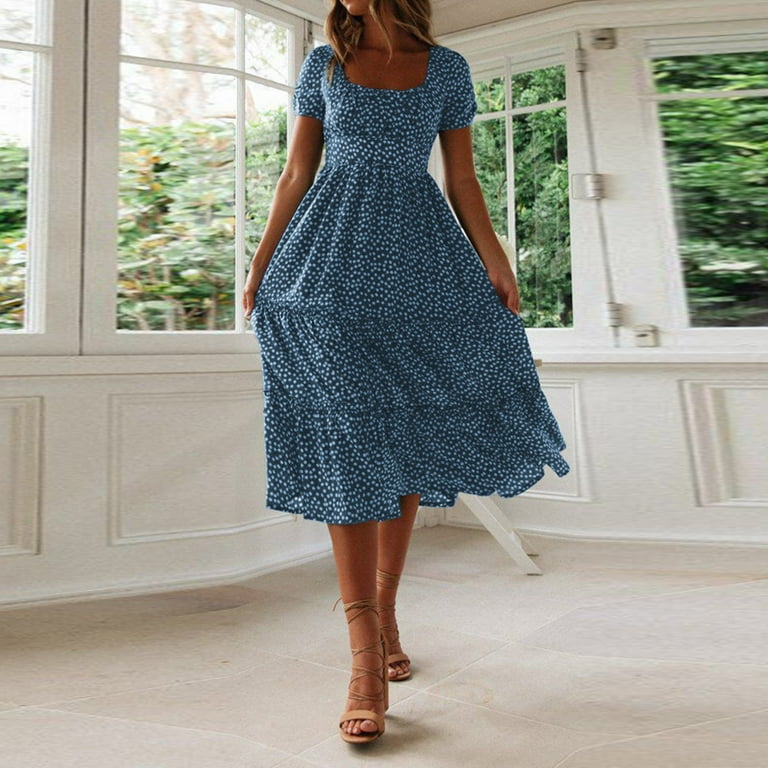 WNEGSTG Women Square Neck Short Sleeve Chiffon Casual Dress