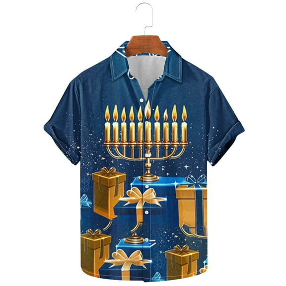 Bzhegqhd Men's Fashion Casual Hanukkah Printed Shirt Short Sleeve Button Up Short Sleeve Lapel Shirt