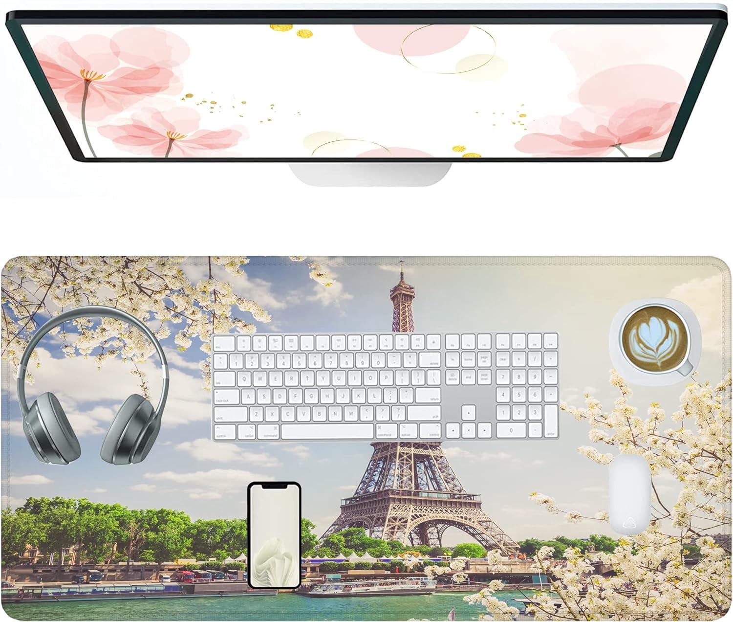 Eiffel Tower Gaming Mouse Pad,Paris Seine River Large Mouse Pad Desk Mat Computer Keyboard with Non Slip Base for Home Office,Extended Large Size 31.5" X 15.7"